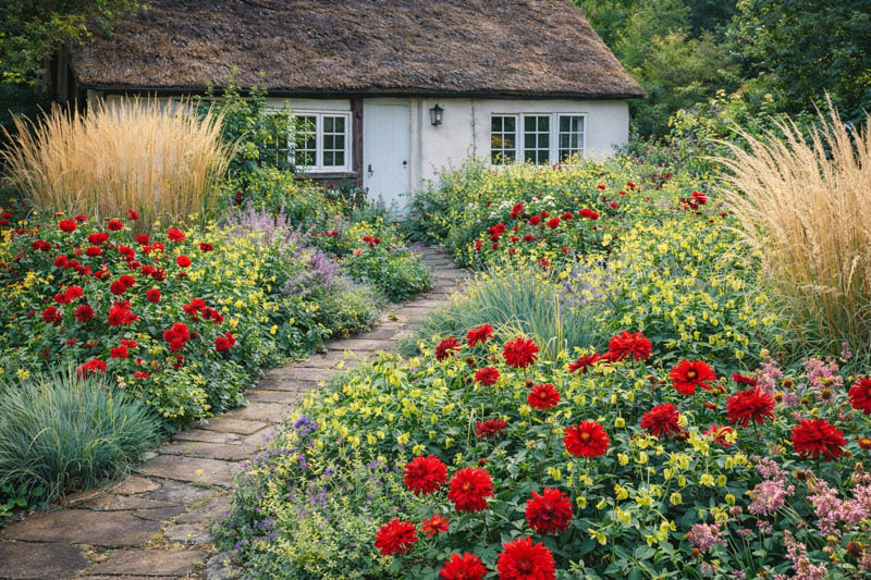 Border with Calamagrostis acutiflora Karl Forster, Helicotrichon sempervirens, Nicotiana langsdorfii and Dahlia
