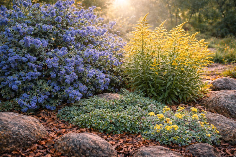 Native garden with Ceanothus thyrsiflorus, Solidago canadensis , Arctostaphylos uva ursi, Sedum spathulifolium