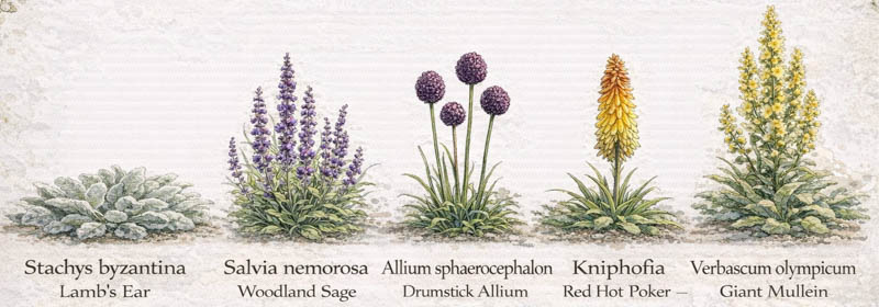 Garden Map Kniphofia, allium sphaerocephalon, stachys, salvia