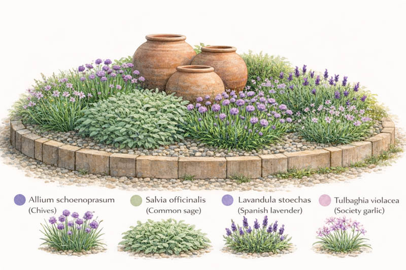 Garden plan for Chives, Lavender, Society Garlic, Allium Schoenoprasum, Lavandula, Salvia, Tulbaghia violacea