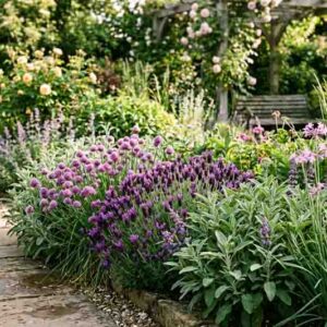 Herb garden bed with lavender, chives, sage, society garlic