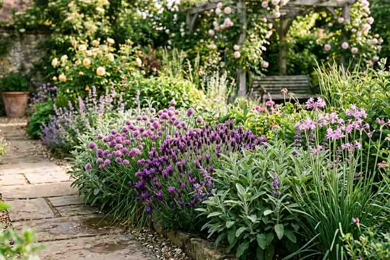 Herb garden bed with lavender, chives, sage, society garlic