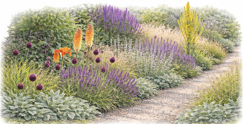 Garden Map Kniphofia, allium sphaerocephalon, stachys, salvia