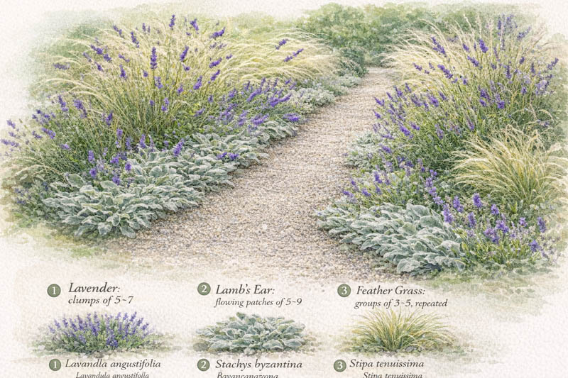 A Garden Path with Lavender, Lamb's Ear, and Feather Grass