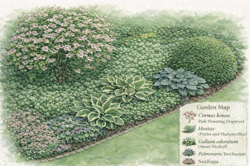 Garden map with cornus kousa, hosta, galium, saxifraga, lungwort