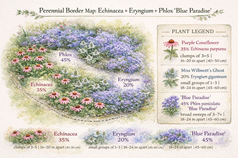 Garden map with echinacea purpurea, eryngium giganteum, phlox paniculata