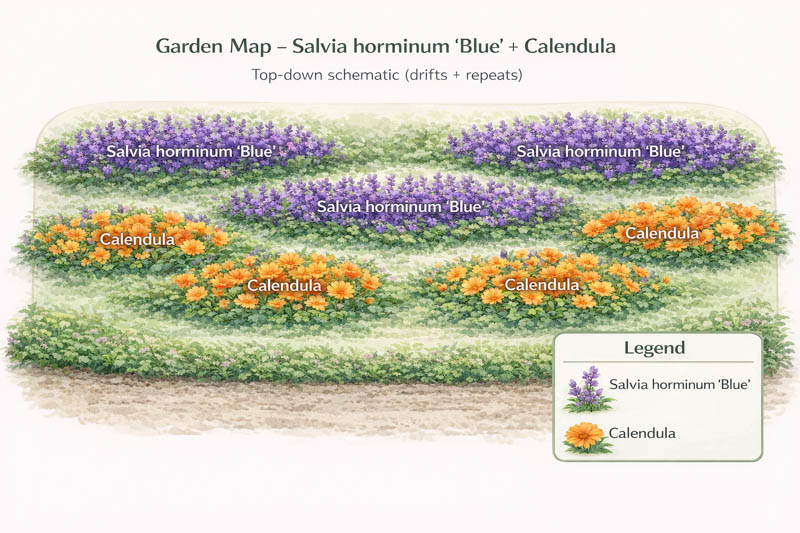 Garden map with salvia viridis and calendula officinalis