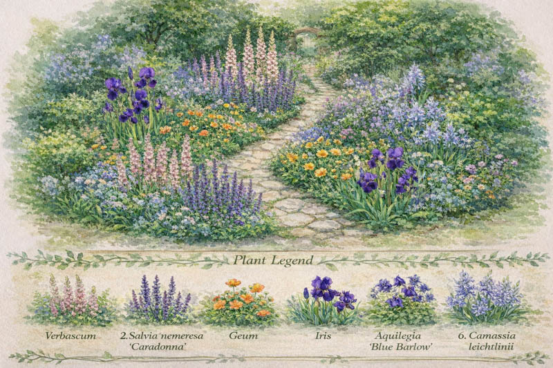 Garden map with verbascum, camassia, aquilegia, iris, geum, salvia