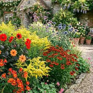 Goldenrod, Helenium, Dahlia, Peruvian Lily, Globe thistle, Verbena