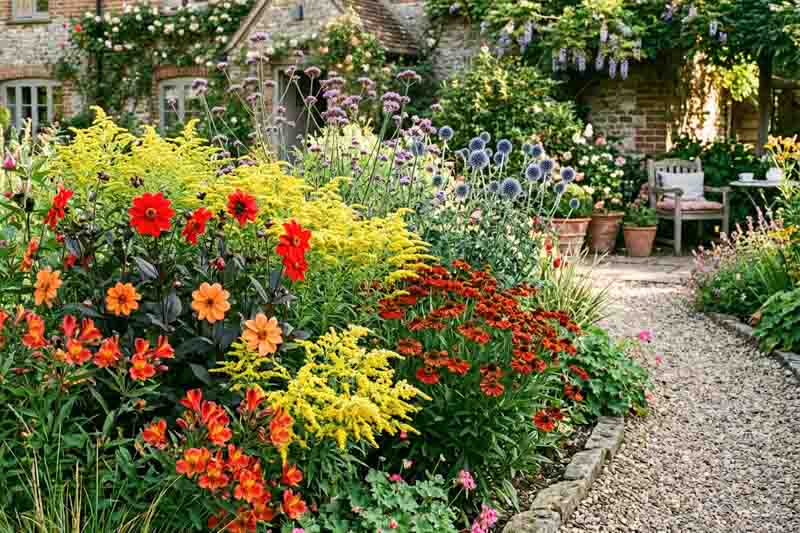 Goldenrod, Helenium, Dahlia, Peruvian Lily, Globe thistle, Verbena