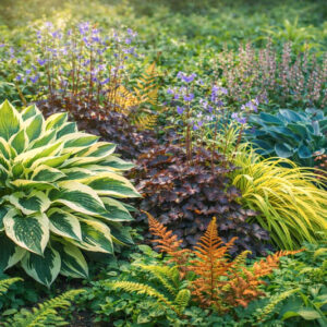 Plant Combination - Heuchera, Polemonium caerula , Polystichum setiferum, Hosta 'Patriot'