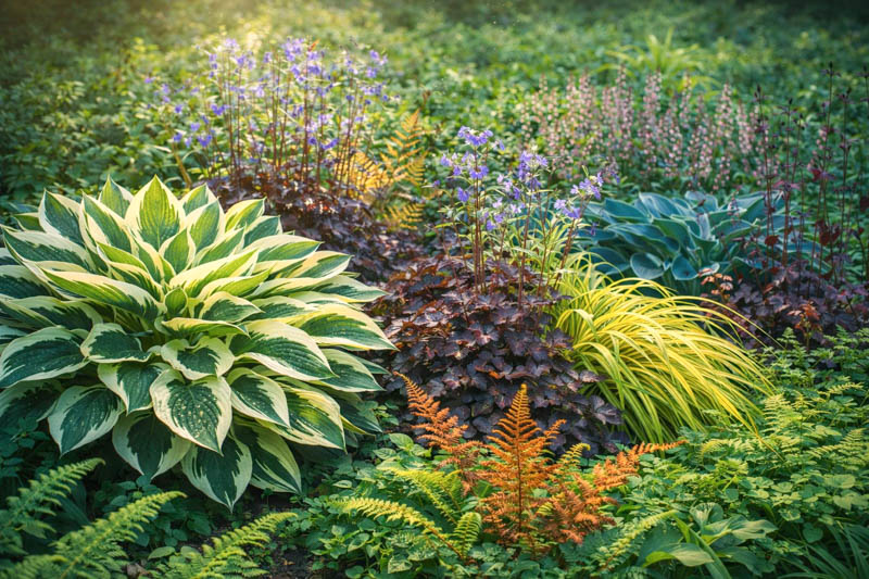 Woodland Shade Border: Hosta, Heuchera, Ferns, & Polemonium