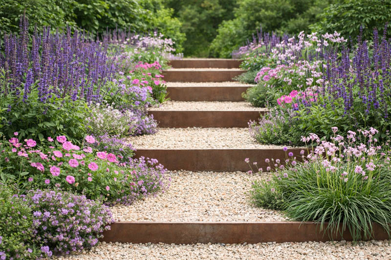 Plant Combination, Salvia sylvestris Mainacht, Geranium sanguineum, Thymus, Armeria maritima, Tulbaghia violacea