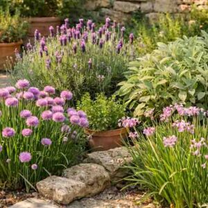 Herb garden bed with lavender, chives, sage, society garlic