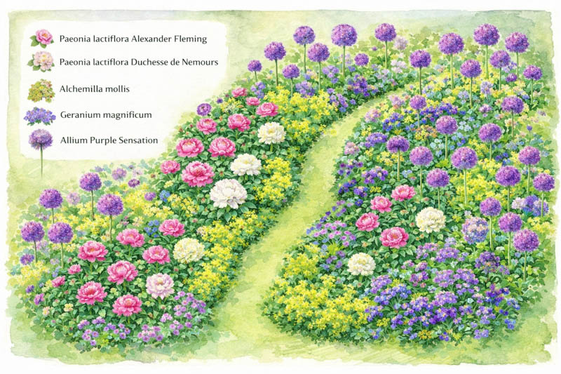 Garden map peonies, geranium, alchemilla, allium