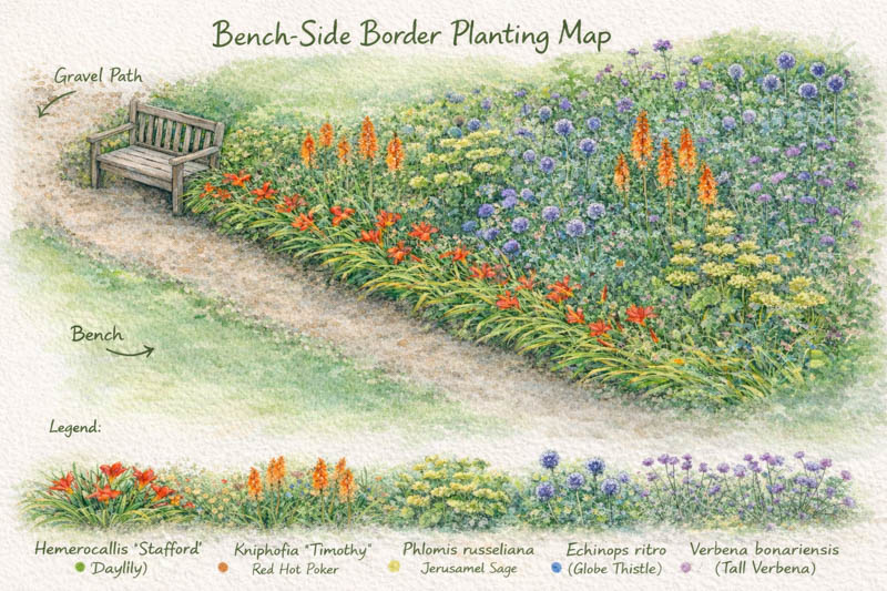 Garden map with knihpofia, echinops, hemerocallis, verbena, phlomis