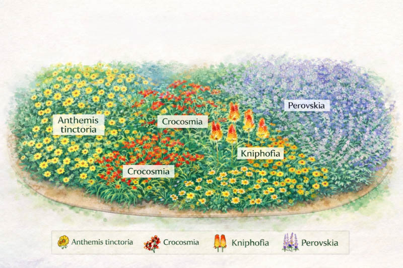 Garden map with kniphofia, anthemis, crocosmia and salvia yangii
