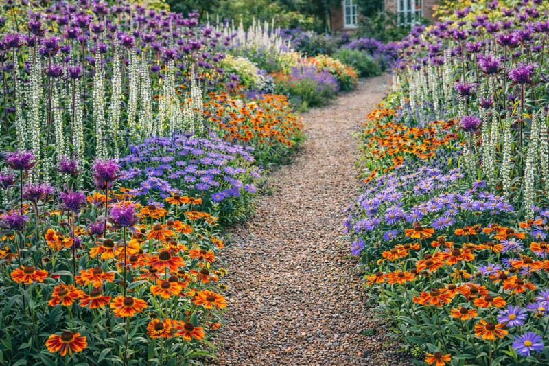 Garden Ideas, Border ideas, Perennial Planting, Perennial combination, Sneezeweed Waltraut, Helenium Waltraut, Monarda, Bee Balm, Culver's Root, Veronicastrum Virginicum, Late summer perennial