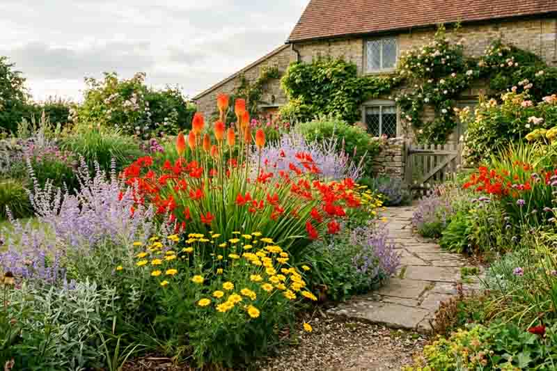 Summer garden idea with Anthemis tinctoria, Crocosmia, Kniphofia and Perovskia