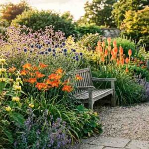 Echinacea purpurea, Hemerocallis 'Stafford' Phlomis russeliana, Kniphofia 'Timothy' and Verbena bonariensis