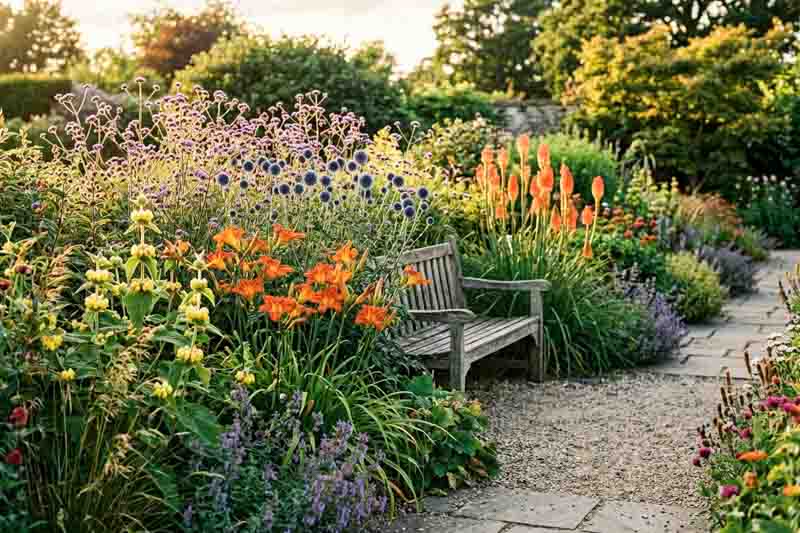 Echinacea purpurea, Hemerocallis 'Stafford' Phlomis russeliana, Kniphofia 'Timothy' and Verbena bonariensis