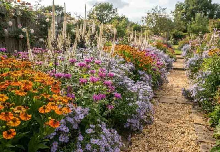 Garden Ideas, Border ideas, Perennial Planting, Perennial combination, Sneezeweed Waltraut, Helenium Waltraut, Monarda, Bee Balm, Culver's Root, Veronicastrum Virginicum, Late summer perennial