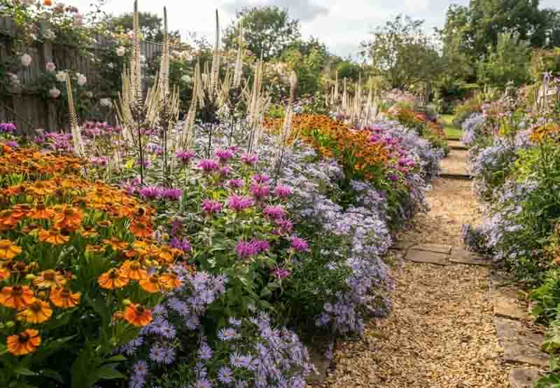 Late summer perennial border with Helenium, Monarda, Aster and Culver's Root