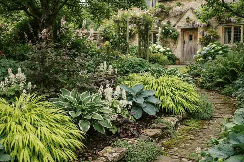 Shade garden with Hakone, Hosta Francee, Hosta Halcyon, Tiarella