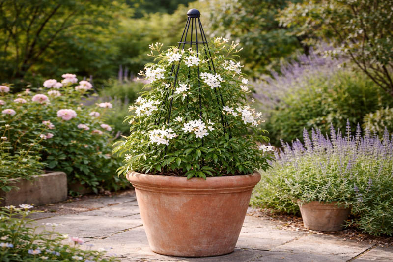 Common Jasmine, Jasminum officinale, in a terracotta pot