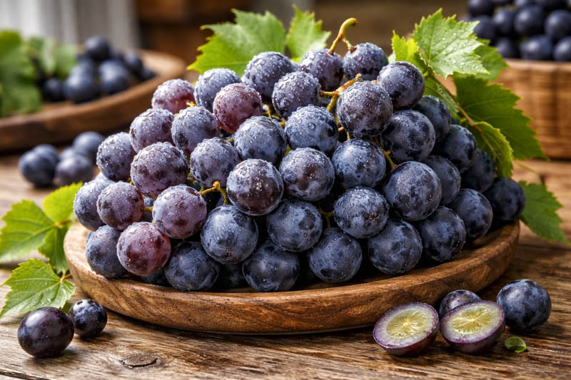 Fresh Concord grapes in rustic bowl