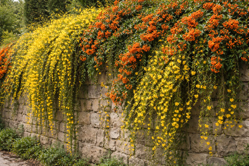 Jasminum nudiflorum and pyracantha coccinea cascading a stone wall, Winter jasmine