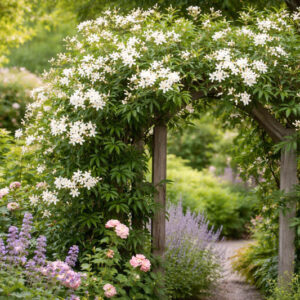 common jasmine, jasminum officinale growing on an arbors in the garden