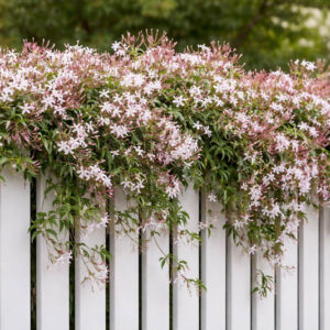 Jasminum polyanthum, Pink Jasmine, over a white painted fence Optimized