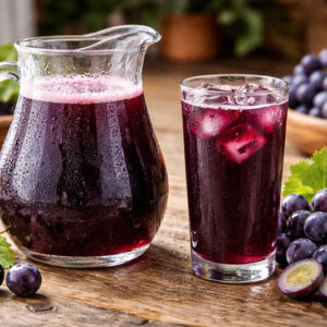 Refreshing grape juice on rustic table