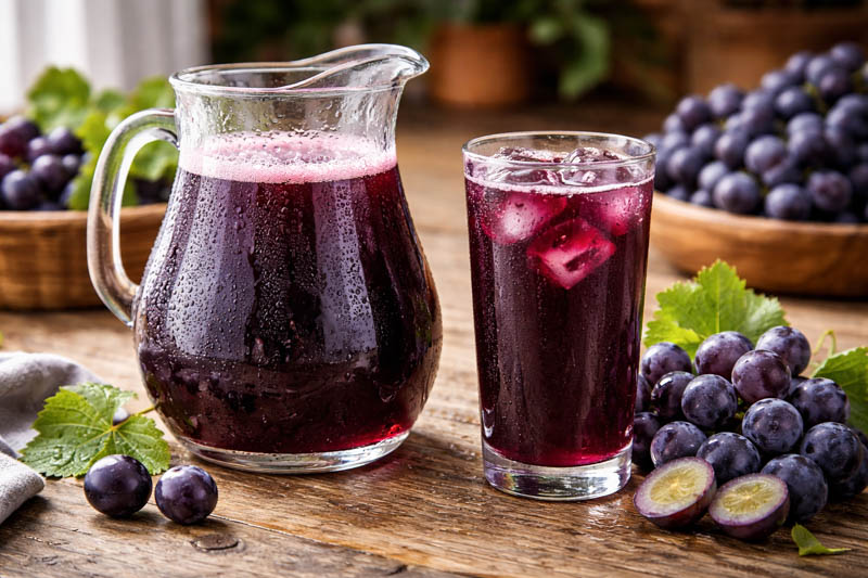 Refreshing grape juice on rustic table