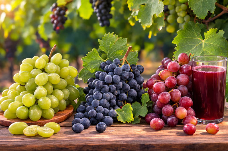 Red, white, purple, black grapes on a wooden table, Table Grapes vs Wine Grapes vs Juice Grapes