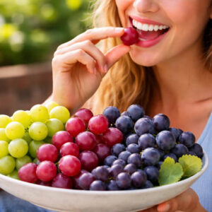 Woman eating fresh grapes