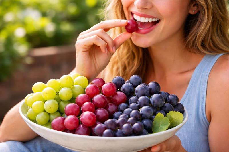 Woman eating fresh grapes