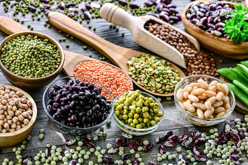 Legumes, Black beans, Kidney beans, Pinto beans, Navy beans, Lima beans, Fava beans, Chickpeas, Lentils, Green peas, Split peas, Peanuts, Black-eyed peas, Mung beans, Soybeans, Edamame