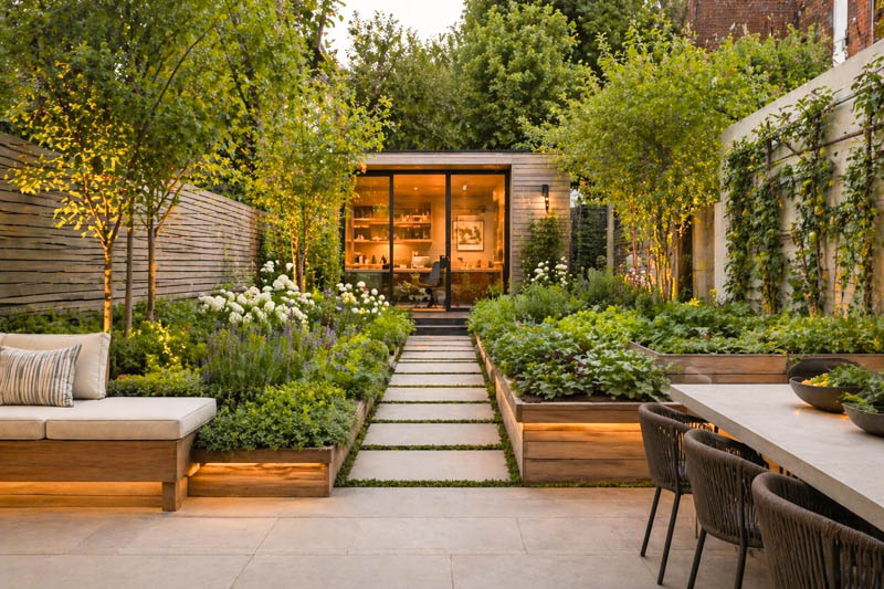 A small backyard can combine ornamental planting with herbs, raised beds, espalier fruit, or edible containers