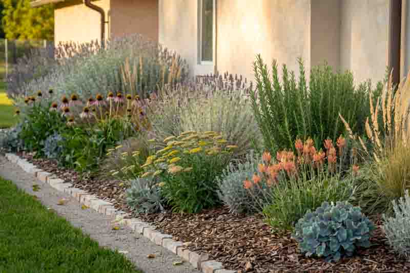 Drought tolerants plants with mulch