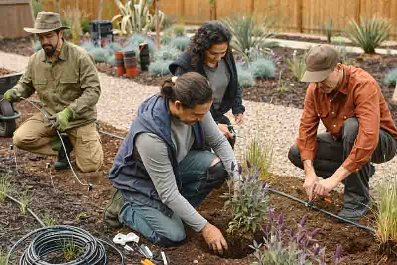 Gardeners planting drought-tolerant plants and placing drip irrigation lines