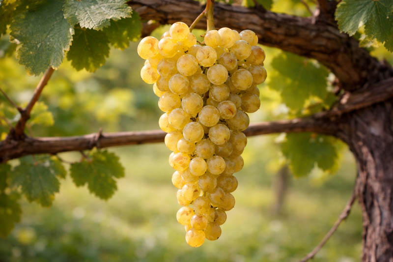 Golden La Crescent grapes in sunlight