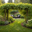 Grape arbor in a vibrant garden in zone 4