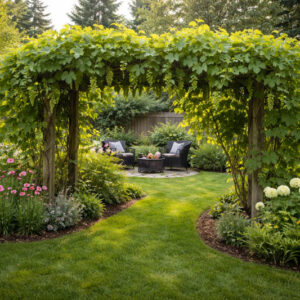 Grape arbor in a vibrant garden in zone 4