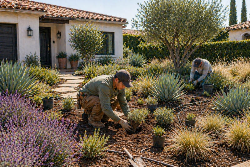 Mediterranean garden with gardeners at work