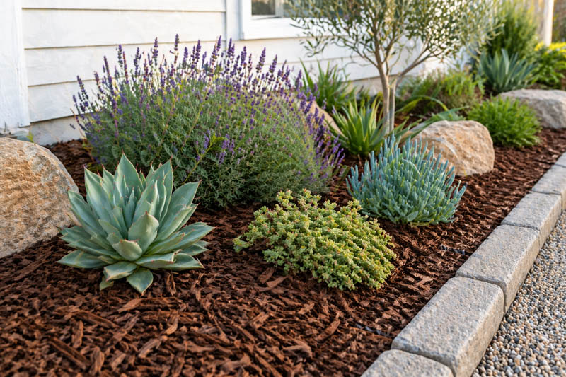 Mediterranean succulent garden by house