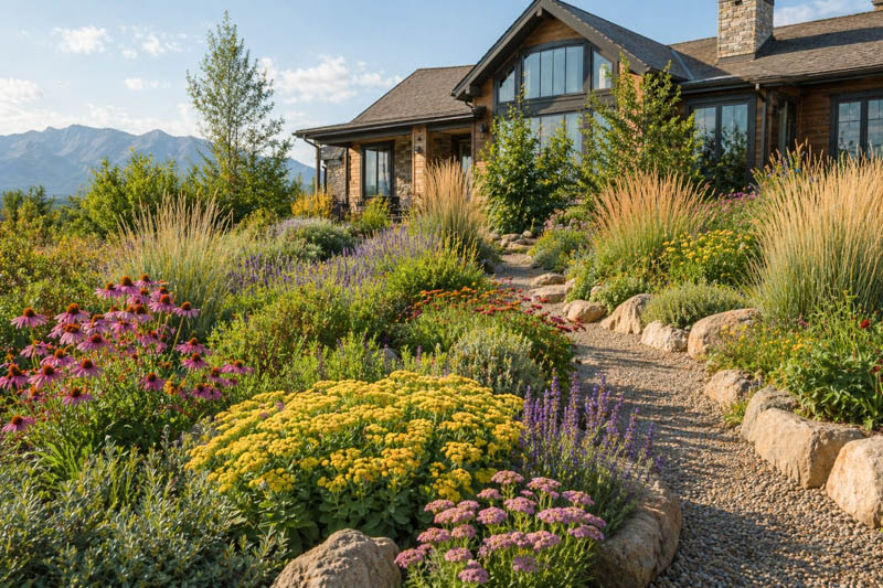 Serene garden path leading to home in cold climates, sedum, coneflowers, yarrow, catmint, prairie grasses, and hardy native shrubs