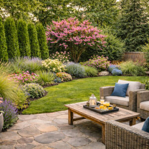 Serene garden retreat with cozy seating and privacy screen