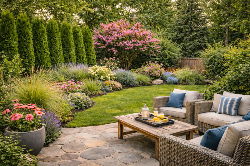 Serene garden retreat with cozy seating and privacy screen
